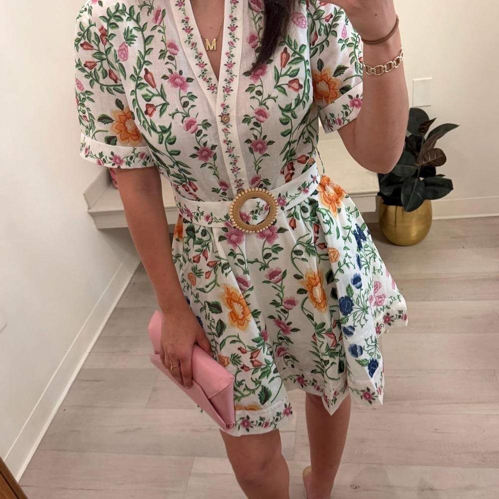 Floral V-Neck Belted Mini Dress - White with Multicolor Floral